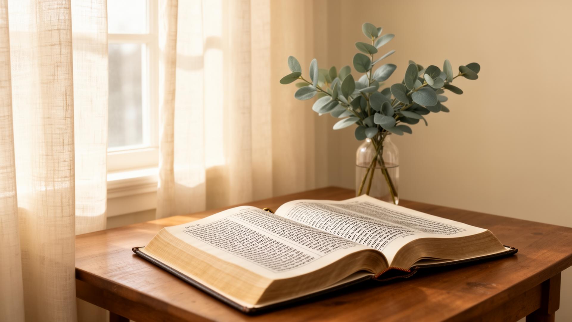 A peaceful sunlit corner with an open sefer and eucalyptus